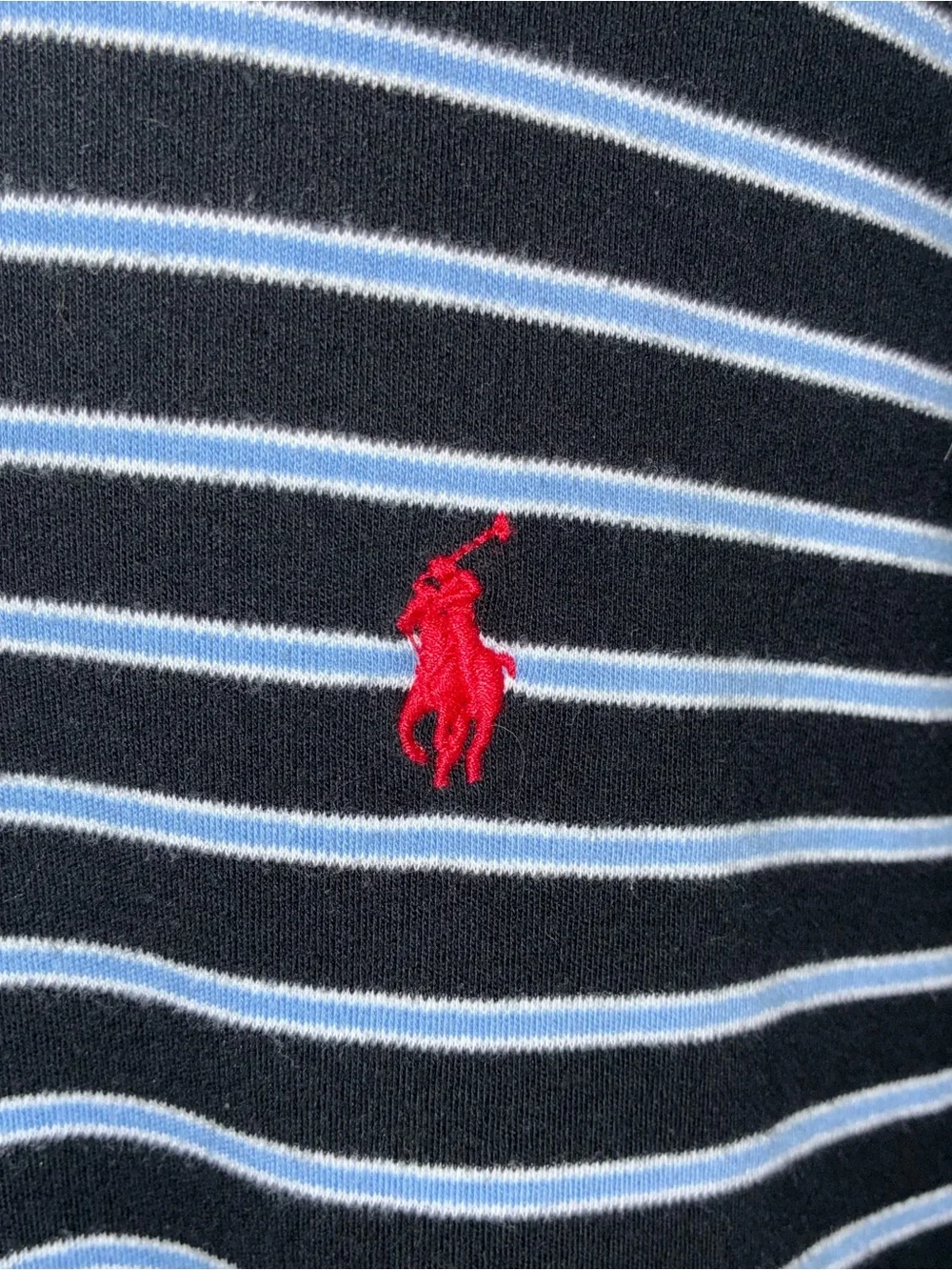 Ralph Lauren Black with Light Blue Striped Polo Featuring Red Pony